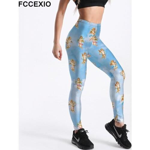 FCCEXIO Push Up High Waist Women Fitness Pants Fashion Cute Little Angel Cupid Print Sexy Slim Workout Leggings Женские штаны