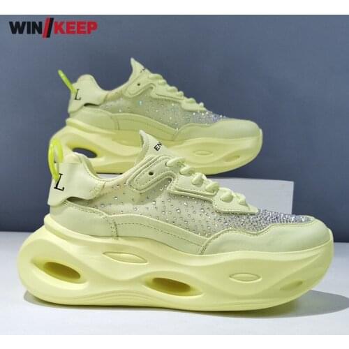 Women Diamonds Mesh Shoes Thick Platform Outdoor Running Sports Sneakers Harajuku Cow Genuine Leather Joggers Trainers Footwear
