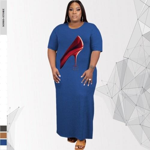 Elegant Long Dresses Womens Print Fashion Round Collar Short Sleeve Swing Loose Plus Size Dress 3xl 4xl Wholesale Dropshipping