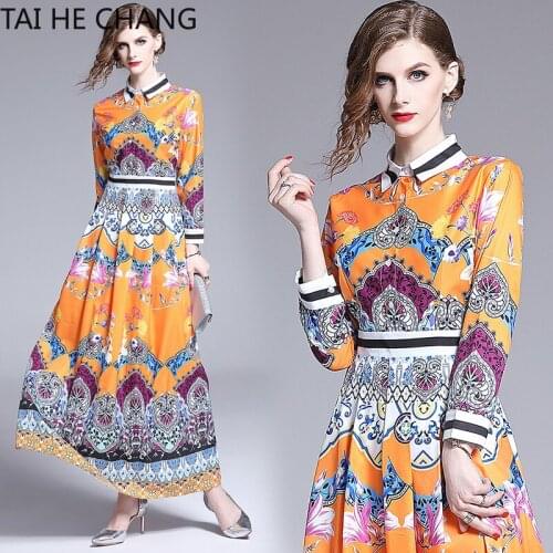 Women Dress New Fashion Retro Spring Summer Elegant Slim Bodycon Vintage Party Runway Print Shirt Office Work Maxi Dresses