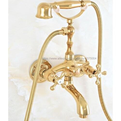 Golden Brass Bathtub Shower Faucet Dual Cross Handle Hand shower Mixer Tap Deck Mounted Bath Shower Set Mixer Faucet Nna808