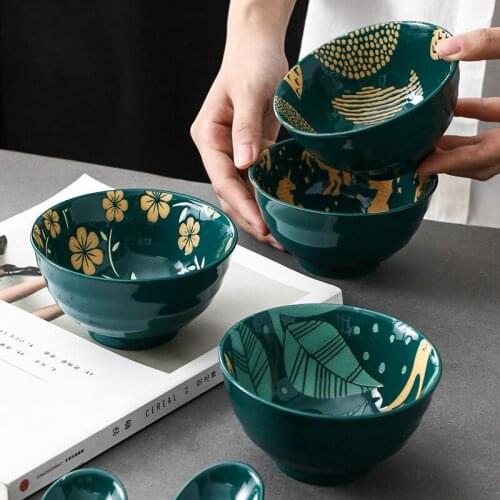 1pc Japanese Style 4.5 Inch Threaded Bowl Eating Rice Bowl Ceramic Dark Green Glazed Home Small Dessert Bowl