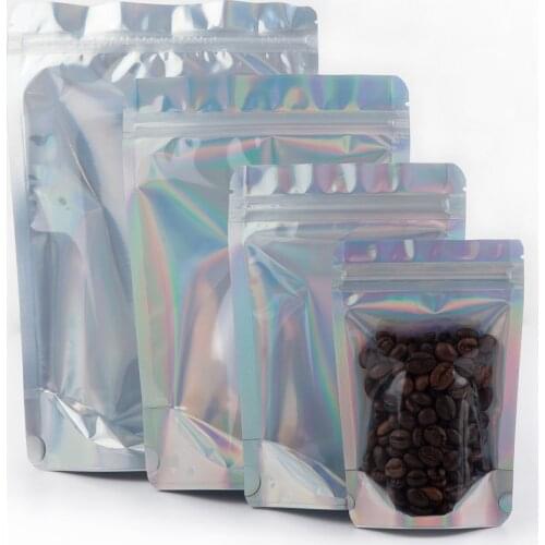 100pcs Reclosable Stand Up Zip lock Plastic Bag Clear Front Hologram Aluminum Foil Storage Bag Smell Water Proof Zipper Pouches