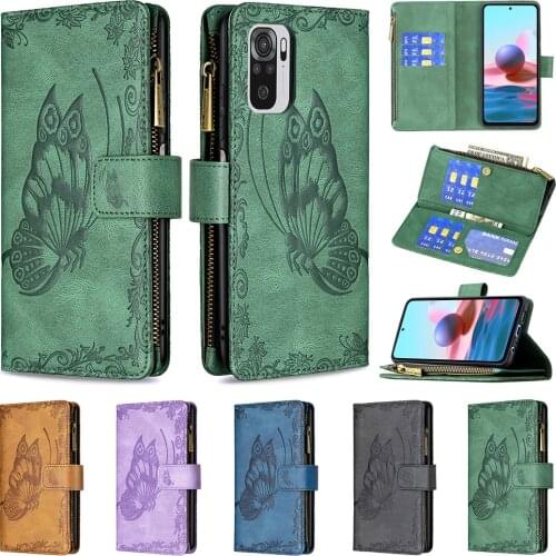 Redmi Note 10S Zipper Butterfly Wallet Leather Case for Xiaomi Redmi Note 10 Pro Max Note10S Folio Flip Cover Coin Purse