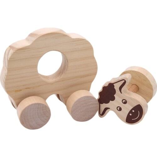 Wooden Building Blocks Toys Baby Mini Animal Lion Sheep Hand-pushing Toy Cart Vehicle Children Block Toys High Quality Safety