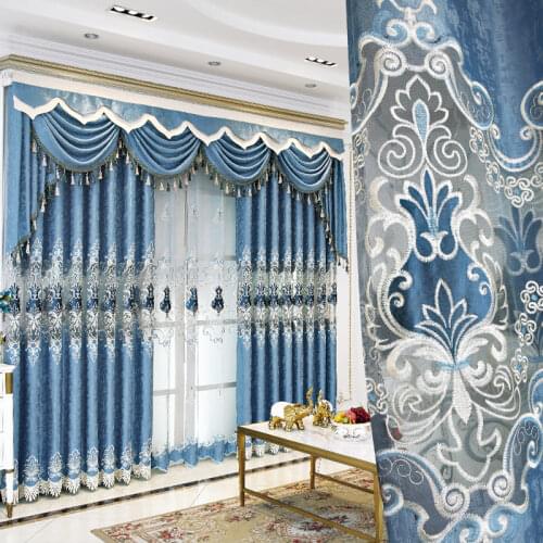European Style Curtains Living Room Bedroom Light Luxury Blue Embroidered Curtains Valance Curtains Tulle Curtains