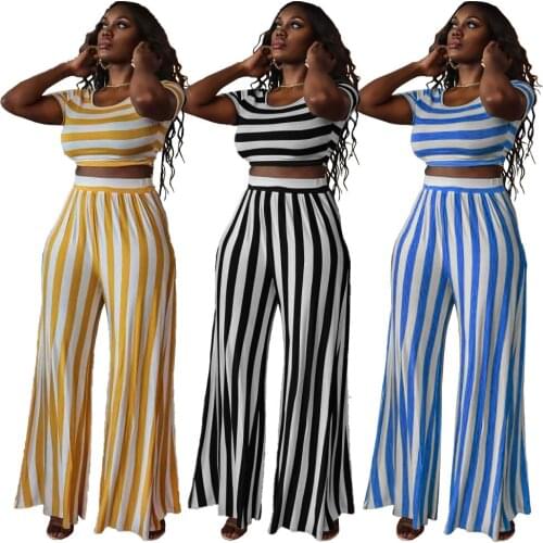 Summer New Womens Fashion Round Neck Striped Casual Straight Pants Two-Piece Suit
