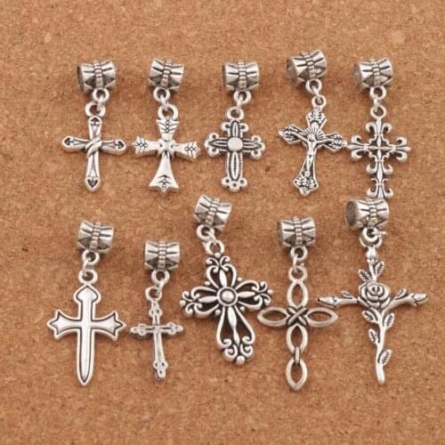 Mix Flower Cross Big Hole Beads 20PCS Zinc Alloy Dangle Fit European Bracelet Jewelry DIY BM33