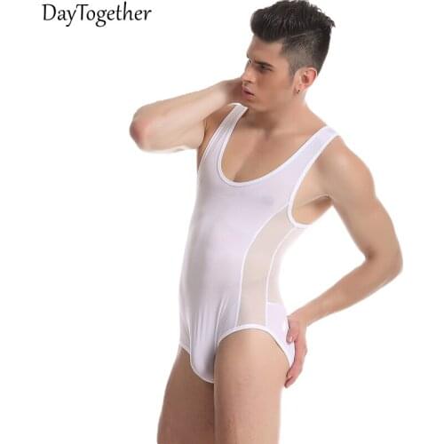 Mens fitness jumpsuits exercise sexy transparent underwear nylon mesh breathable