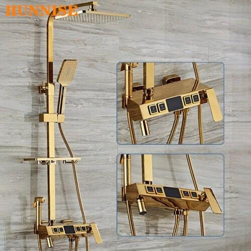 Thermostatic Shower Mixer Set High Quality Square Brass Bathtub Faucet Rainfall Shower Head Luxury Gold Digital Bath Shower Set