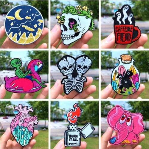 Prajna Cartoon Elephant Patches Skull Flower Embroidered Patches For Clothing Iron On Patches Stripes On Clothes Applique Patch