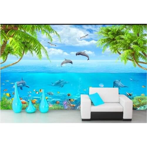 Custom photo mural 3d wallpaper Seaside blue sky coconut palm dolphin landscape living room wallpaper for walls 3 d in rolls