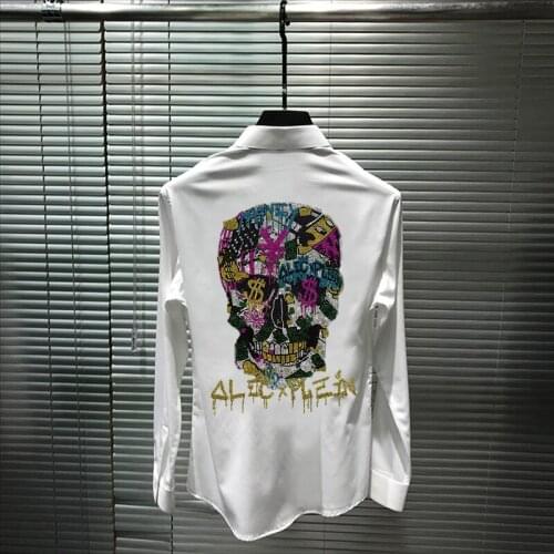 Non-Ironing Exaggerated Personality Style Men Shirt Big Camouflage Skull Head Self-Cultivation Hot Diamond Classic Brand Long Sl