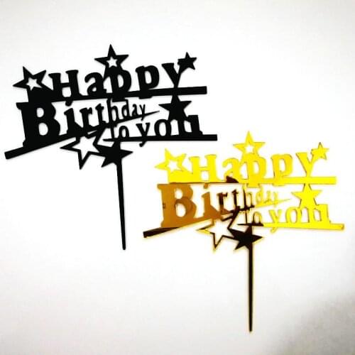 New Stars Happy Birthday Acrylic Cake Topper Gold Black Birthday Cupcake Baking Decoration for Baby Birthday Party Cake Supplies