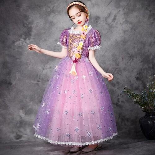 Ruifglasb Princess rapunzel dresses children baby Sequined Puff Sleeve Girls long dress Up Birthday Party Show
