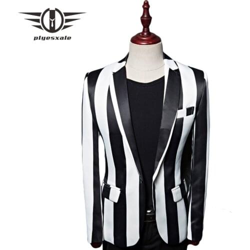 Plyesxale Black White Zebra Vertical Striped Blazer Men 2018 Brand Mens Blazers Casual Man Stage Wear Prom Blazer Masculino Q476