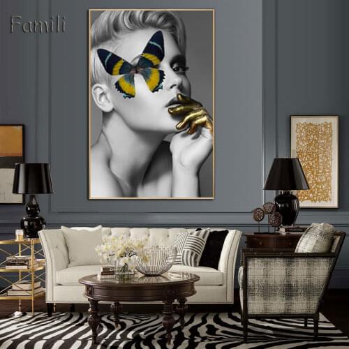 Nordic poster Wall Art Pictures Fashion Woman butterfly Lips Gold And White Black Modern Home Canvas Painting Beauty home Decor