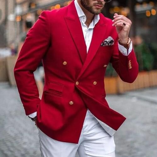 Casual Red Double Breasted Men Suits with White Pants Slim Fit Prom Groom Tuxedos Wedding Wear 2 Pieces Fashion Blazer