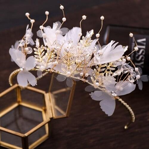 Luxury Bridal Headband White Feather Crystal Pearl Crown Headdress Handmade Wedding Accessories Baroque Tiara Jewelry Gift