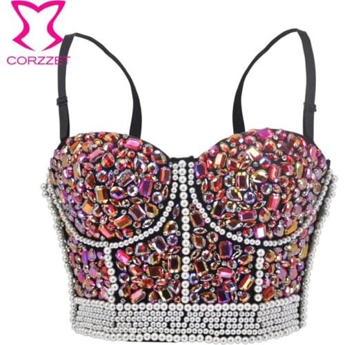 Pink Diamond & Pearl Beads Super Push Up Bra Women Sexy Bralette Bustier Crop Top Brassiere Femme Belly Dance Night Club Wear