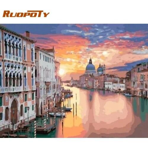 RUOPOTY City Beside River Landscape Picture By Numbers HandPainted Living Room Home Decoration Artcraft Modern Home Photo