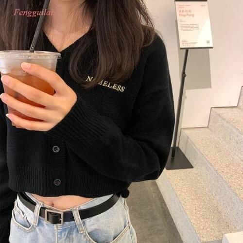 Letter Embroidery Short Cardigan Sweater Coat Womens Coat Long Sleeve Knitted Top Simple about Ins Hong Kong Style V-neck Loose