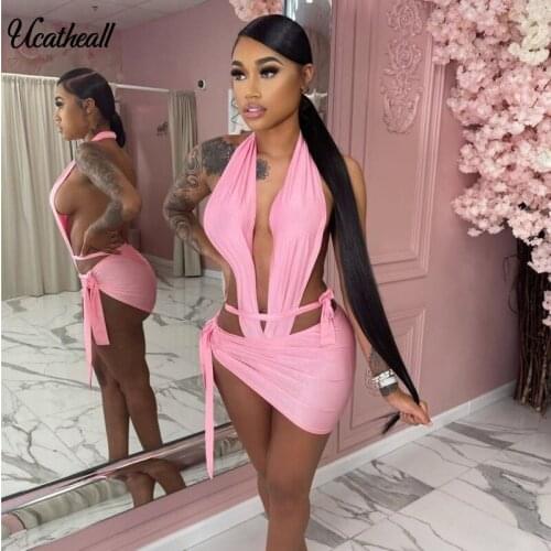 Solid Women Hot Sexy backless Two-piece Suit Halter Deep V Neck Bodysuit And Bandage Ruched Mini Skirt Bodycon Sets