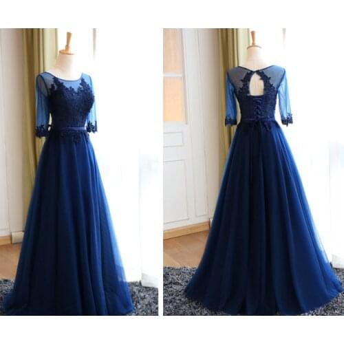 Navy Blue Bridesmaid Dresses Illusion Half Sleeve Embroidery Lace Up Women Dress Floor Length Vestido Party Prom Robe De Soiree