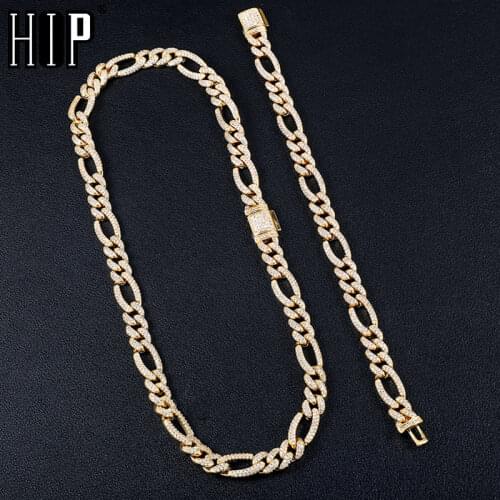 Hip Hop 10MM 2Set Iced Out Box Buckle Figaro Cuban Copper Setting AAA+ Cubic Zirconia Stones Neacklace For Men Women Jewelry