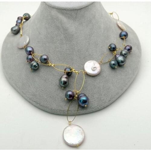 YYGEM 21" natural Black white freshwater Pearl gold color Chain Necklace for women romantic jewelry gift