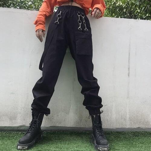 Europe and the United States womens 2019 autumn irregular chain detachable pockets tooling casual pants hip hop pants