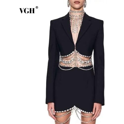VGH Black Slim Patchwork Chain Two Piece Set Women Notched Long Sleeve Korean Short Blazer High Waist Skirt Womens Suit Fashion