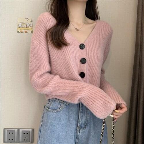 Fashion Solid Knitted Sweater Cardigan Women Autumn Winter Fashion Loose Korean V-neck Single Breasted Causal Crop Tops Jumpers