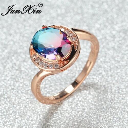 Mystic Rainbow Fire Crystal Oval Stone Ring Rose Gold Wedding Bands Blue Green Zircon Wave Promise Engagement Rings For Women Cz