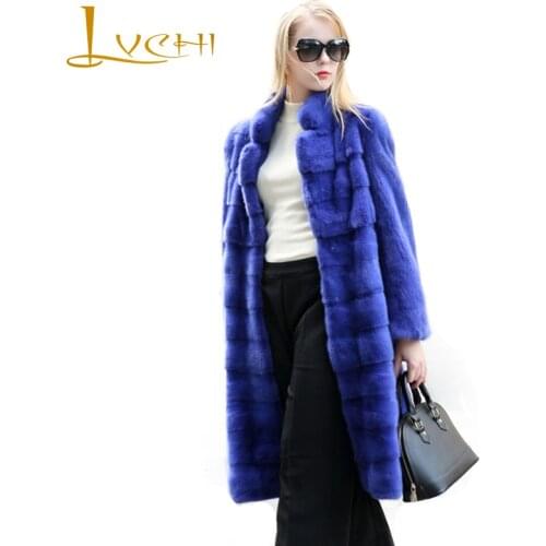 LVCHI Winter 2019 Real Mink Fur Coat Womens Long Sleeve Mandarin Collar Skirt Coat Blue Long Loss Slim Causal Draped Mink Coats