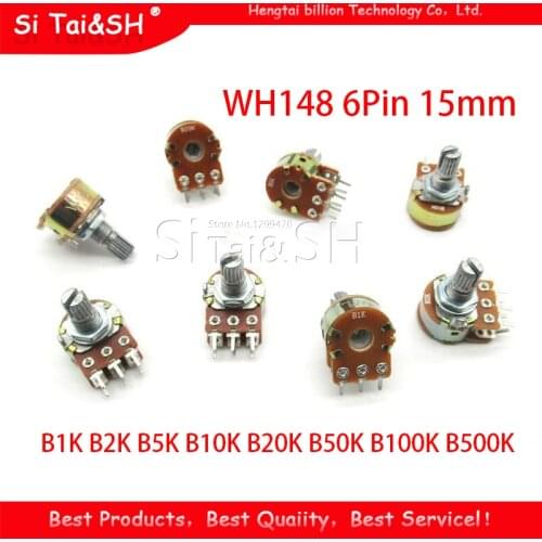 2pcs B1K B2K B5K B10K B20K B50K B100K B250K B500K B1M WH148 6Pin 15mm Potentiometer 1K 2K 5K 10K 20K 50K 100K 250K 500K 1M