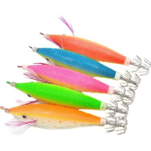 5PCS 11cm 3D eyes wood shrimp fake lures 5 colors luminous squid hook artificial squid jigs octopus fishing baits