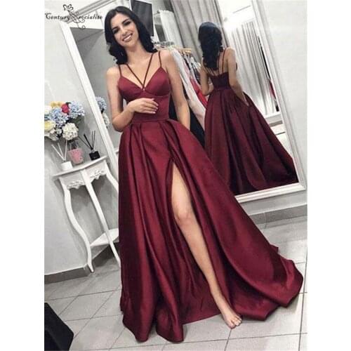 Burgundy Prom Dresses Long Side Split Spaghetti Straps Satin Simple Evening Dress Party Gowns Vestidos De Festa Cheap