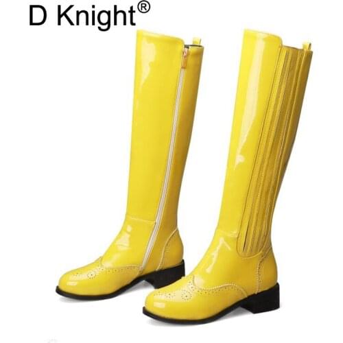 D Knight size 32-43 fashion autumn winter boots women high heel shoes knee high boots women 2020 new patent leather brogue shoe