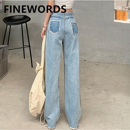 FINEWORDS High Waist Vintage Wide Leg Jeans Women Back Pocket Ripped Casual Jeans Korean Plus Size Loose Full Length Denim Pants