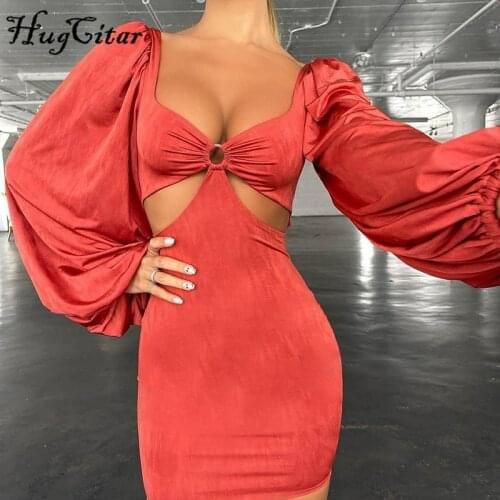 Hugcitar 2021 Long Puff Sleeve Hollow Out Solid Bodycon Sexy Mini Dress Summer Women Fashion Streetwear Outfits Y2K Kpytomoa