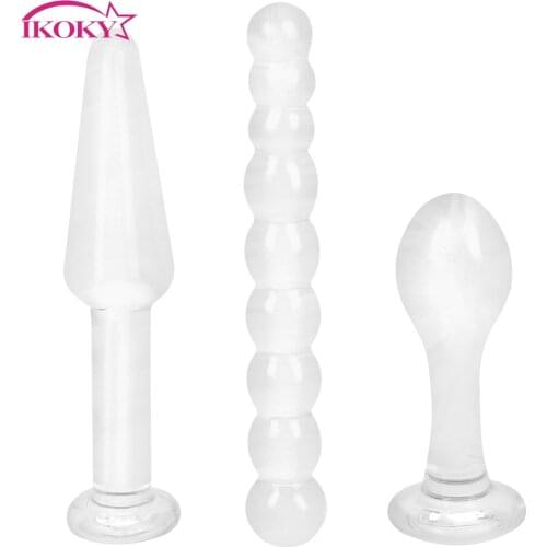 IKOKY 3Pcs/set Anal Plug Sex Toys for Women Men Butt Plug Butt Stimulation Anal Dildo Bead Glass Crystal Prostate Massager