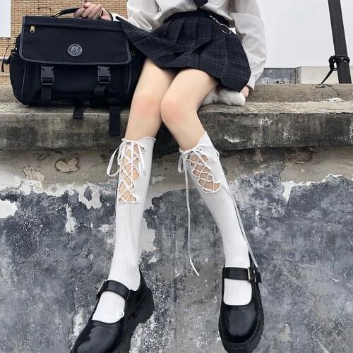 Personality solid color cross hollow calf socks female jk college style Lolita tide all-match socks long socks woman socks