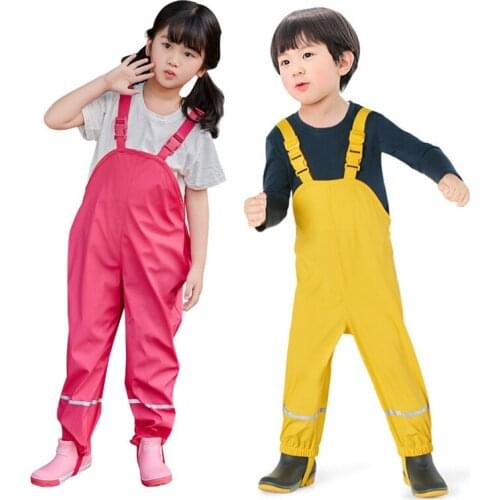PU Rain Bib Overalls Kids Waterproof Baby Boy Jumpsuit Sport Winter Girls Snow Pants Outdoor Children Trousers Clothes Bodysuit