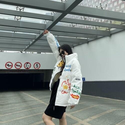 Hand-painted dinosaur smiley white duck down jacket couple style national tide brand contrast coat short winter graffiti