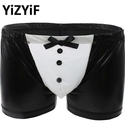 Men Patent Leather Boxer Underwear with Buttons and Bowknot Sexy Tuxedo Boxer Brief Underwear Gay men Sissy Panties boxers men
