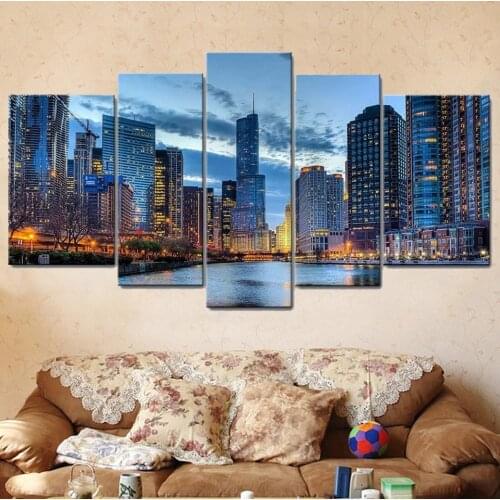 Wall Art HD Canvas Painting 5 Piece Modern Coastal Cities Landscape Posters Wall Mounted Home Decor Living Room Decoration