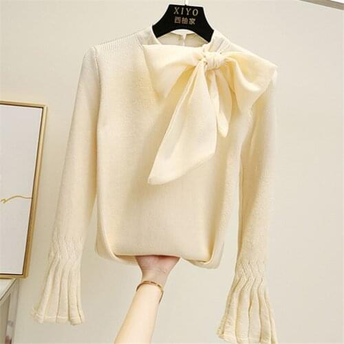 20 New Autumn Sweater Slim Women Big Bow Tie Sweater Female Long Sleeve Knitted Sweater Pullovers Tops Winter Bottomings WZ1287