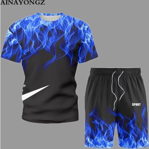 Summer Tide Brand Men Clothing T-Shirt Tracksuit Blue Flame Print Common O-Neck Short Sleeve Suit New Trendy Male Shorts Set 5XL