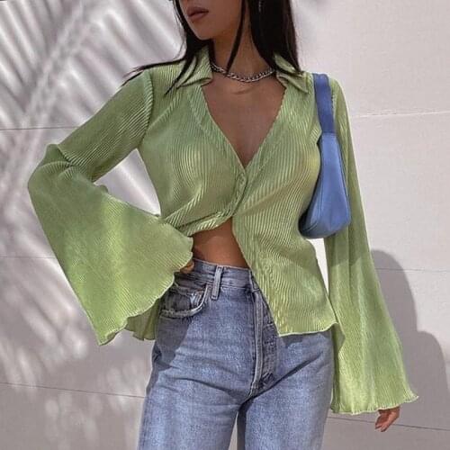 Euro American Style 2021 Womens Fashion Holiday Style Solid Color V-neck Trumpet Sleeve Long Sleeve Shirt Top Streetwear Women